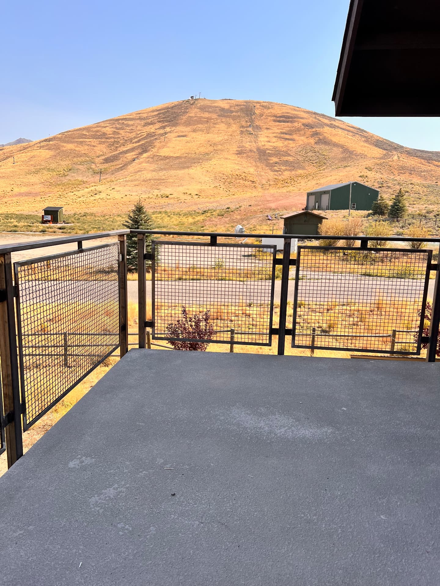 Black steel mesh balcony railing framing an open mountain view in Idaho